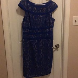 Adrianna Papell Royal Blue lace over nude lining.